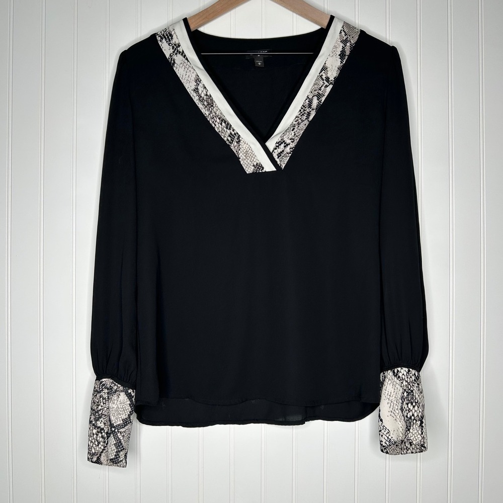 Express Womens Blouse M Black Snakeskin Print V Neck Long Sleeve Work Top
